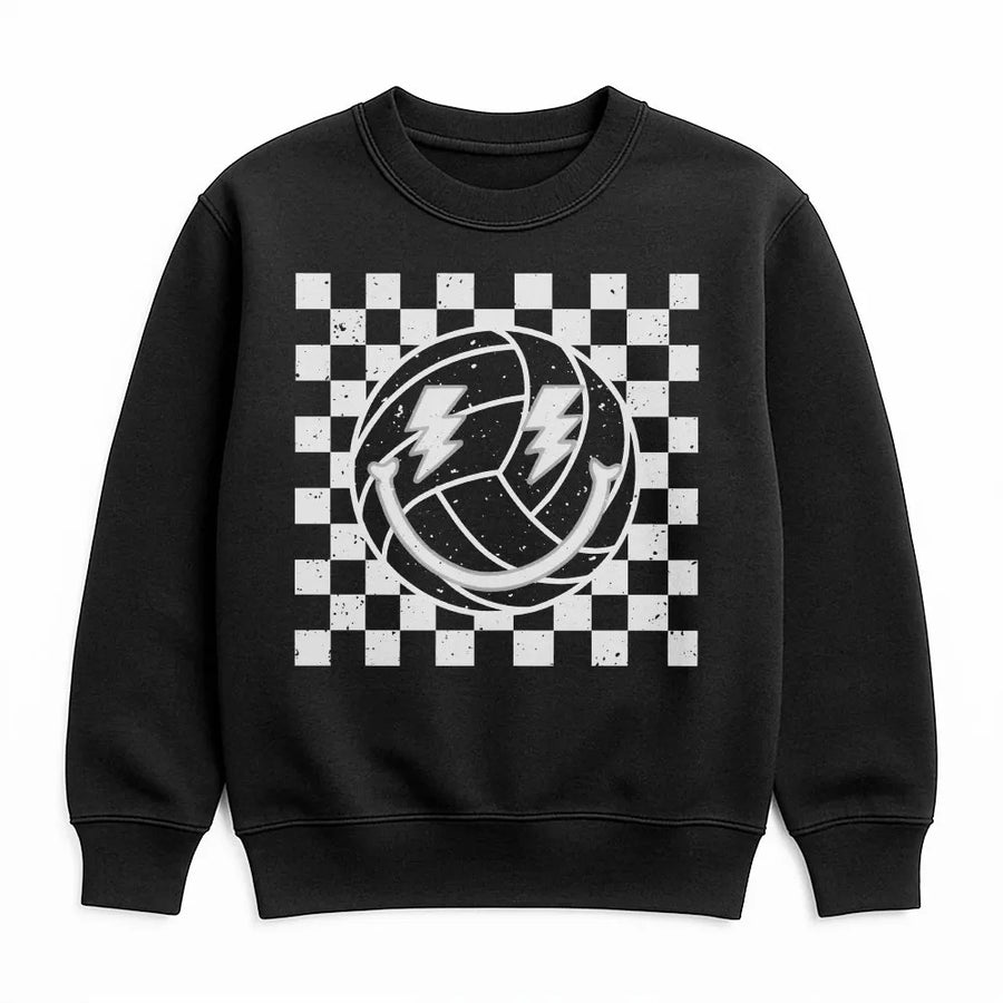 Volleyball Smiley Face Sweatshirt | Retro Checkered Lightning Bolt Design | Premium Cotton Blend | Gift for Volleyball Player Mom Game Day