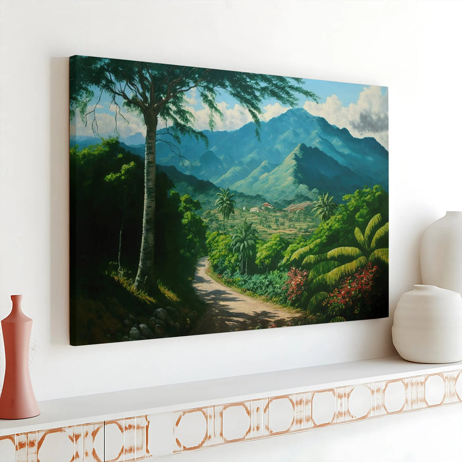 Tropical Mountain Landscape Canvas | Lush Valley Winding Road Art | Premium Gallery Wrap Wall Decor | Nature-Inspired Home Office Gift