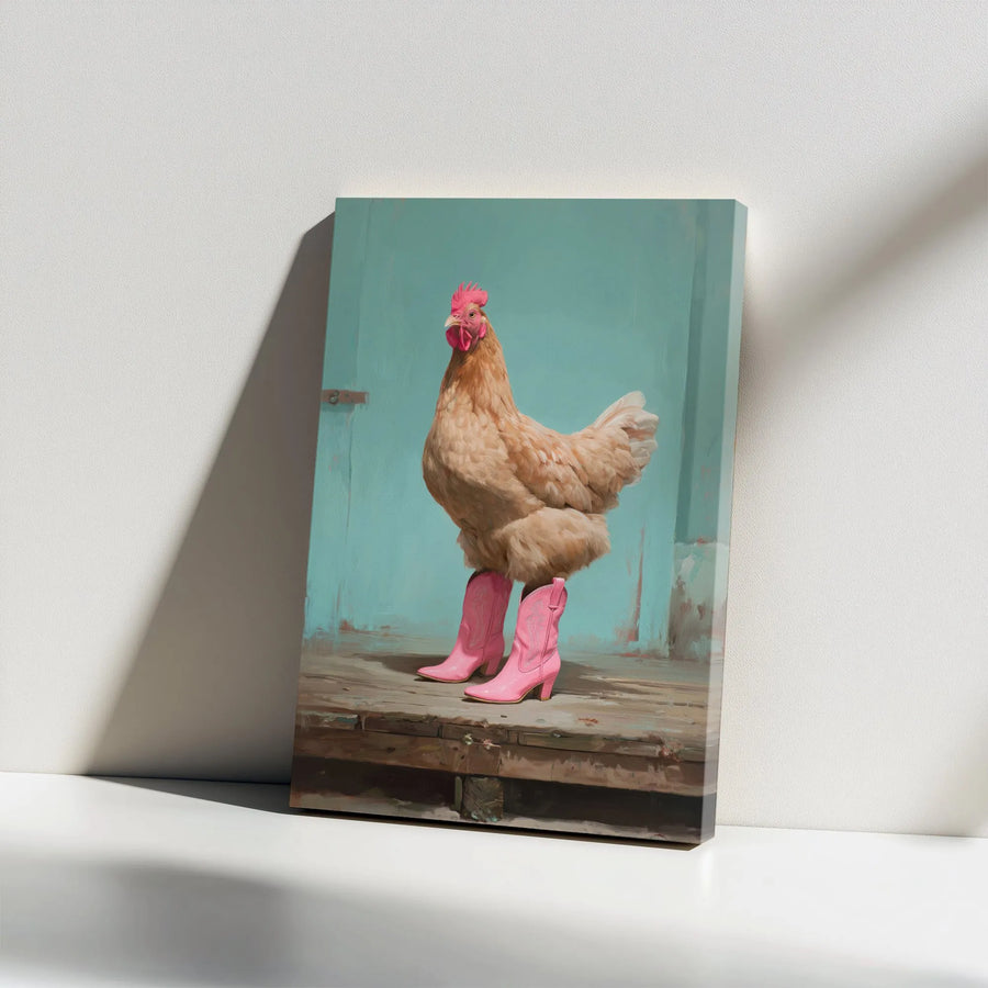 Chicken With Pink Cowboy Boots Wall Art | Whimsical Farmhouse Canvas Print | Gallery-Wrapped Premium Decor | Funny Country Kitchen Gift