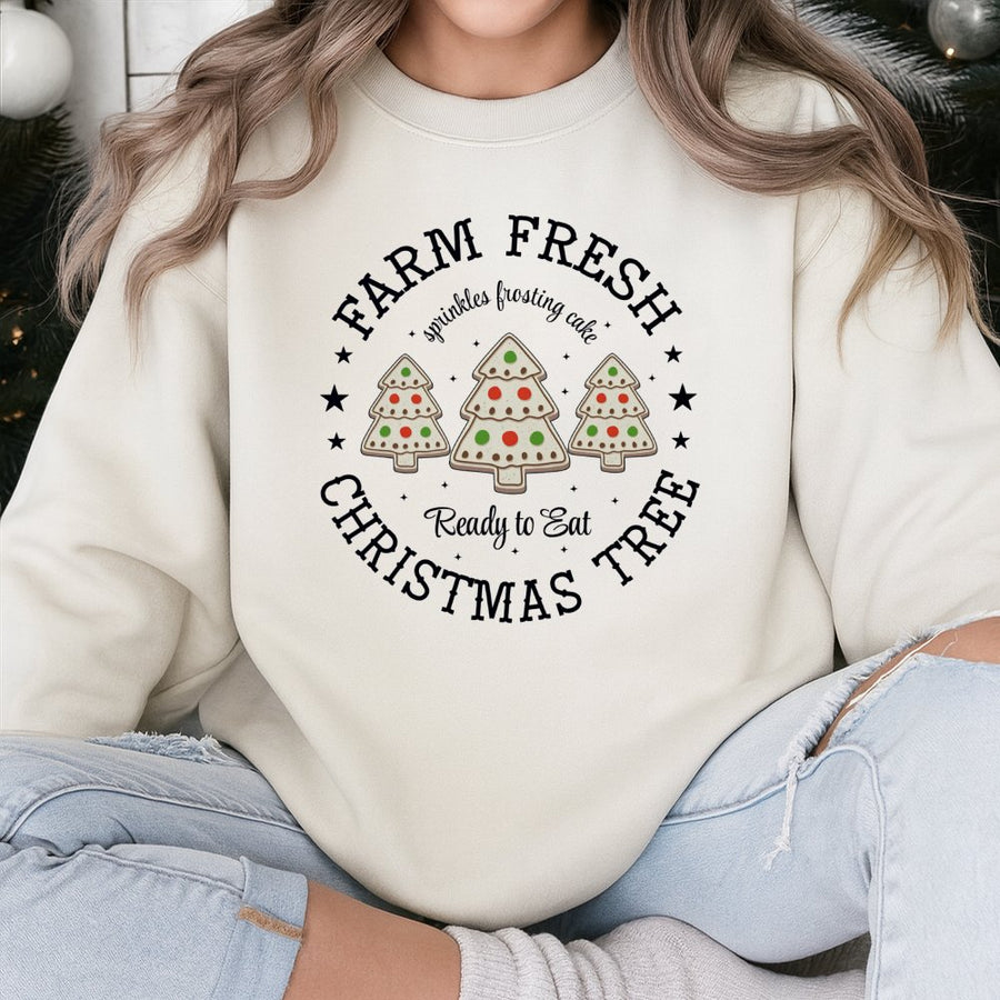 Farm Fresh Christmas Tree Sweatshirt | Cute Holiday Cookie Graphic Design | Premium Cotton Blend | Funny Xmas Bakery Gift for Women and Men