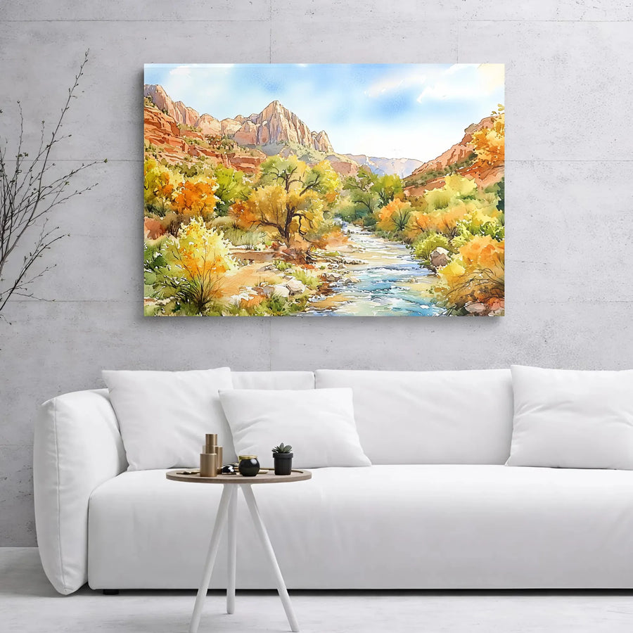 Zion National Park Canvas Print | Watercolor Landscape River Art | Premium Gallery Wrap 1.25 inch | Nature Lover Home Decor Gift