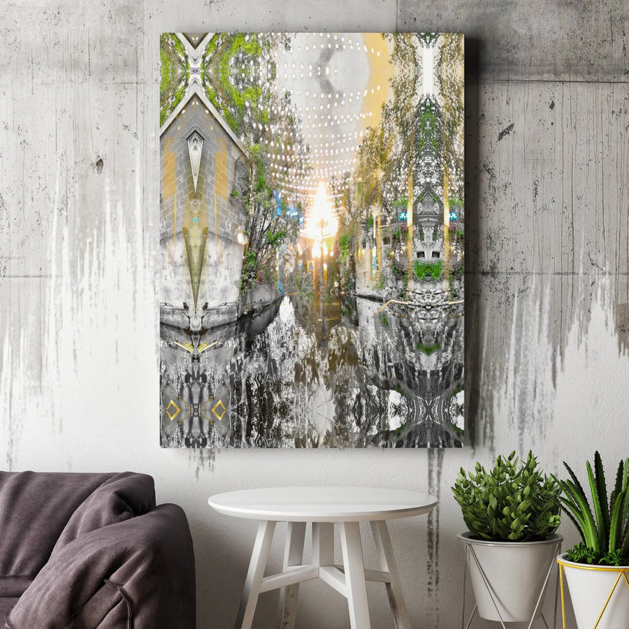 Abstract Canal Canvas Print | Symmetrical Sunset Water Reflection Wall Art | Premium Gallery-Wrapped 1.25" Profile | Modern Home Office Decor Gift