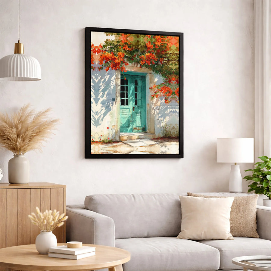 Mediterranean Teal Door Wall Art | Watercolor Bougainvillea Print | Gallery-Quality 1.25” Canvas | Coastal Decor Gift for Home Office