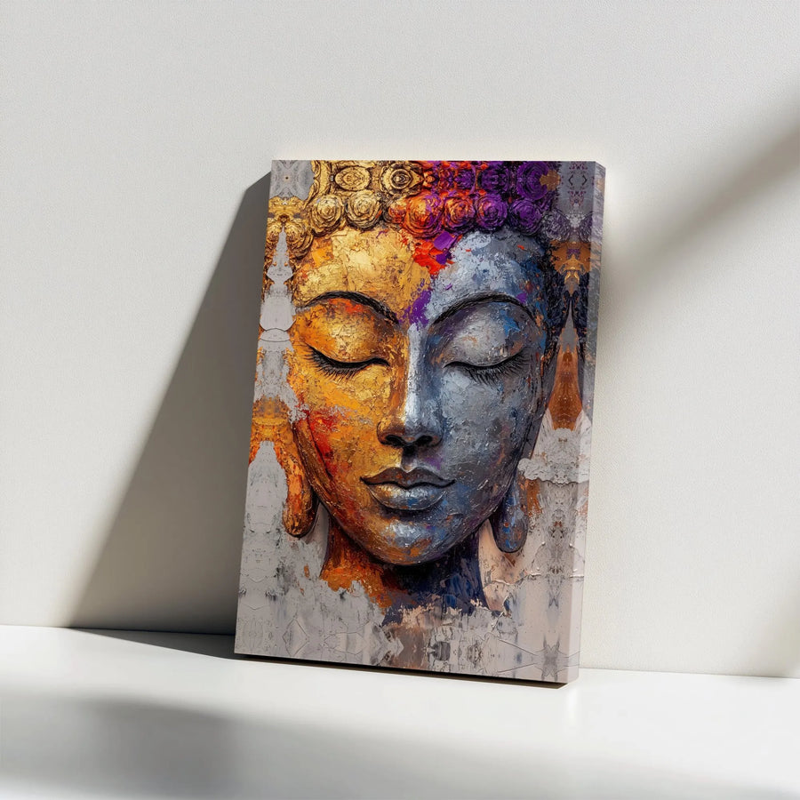 Buddha Face Canvas Wall Art | Textured Gold & Silver Abstract Print | Premium Gallery Wrapped Canvas | Yoga Studio & Meditation Room Decor Gift