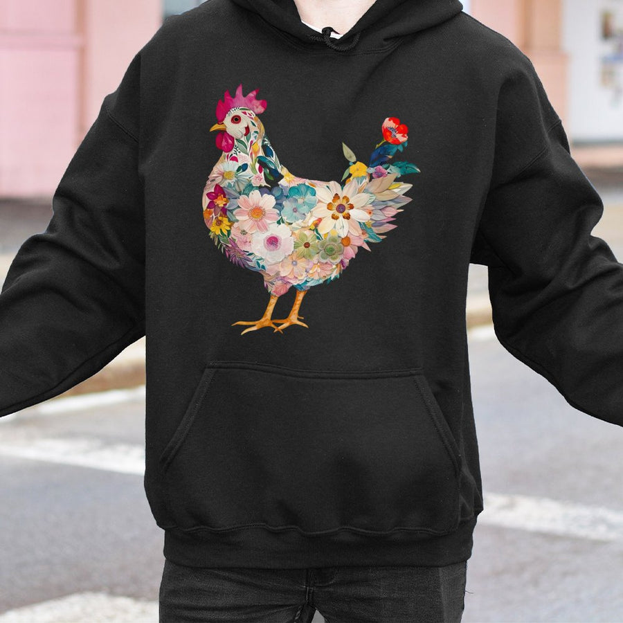 Floral Chicken Hoodie | Whimsical Hen Flower Art Graphic | Premium Cotton Blend Cozy Pullover | Gift for Farmers & Chicken Lovers