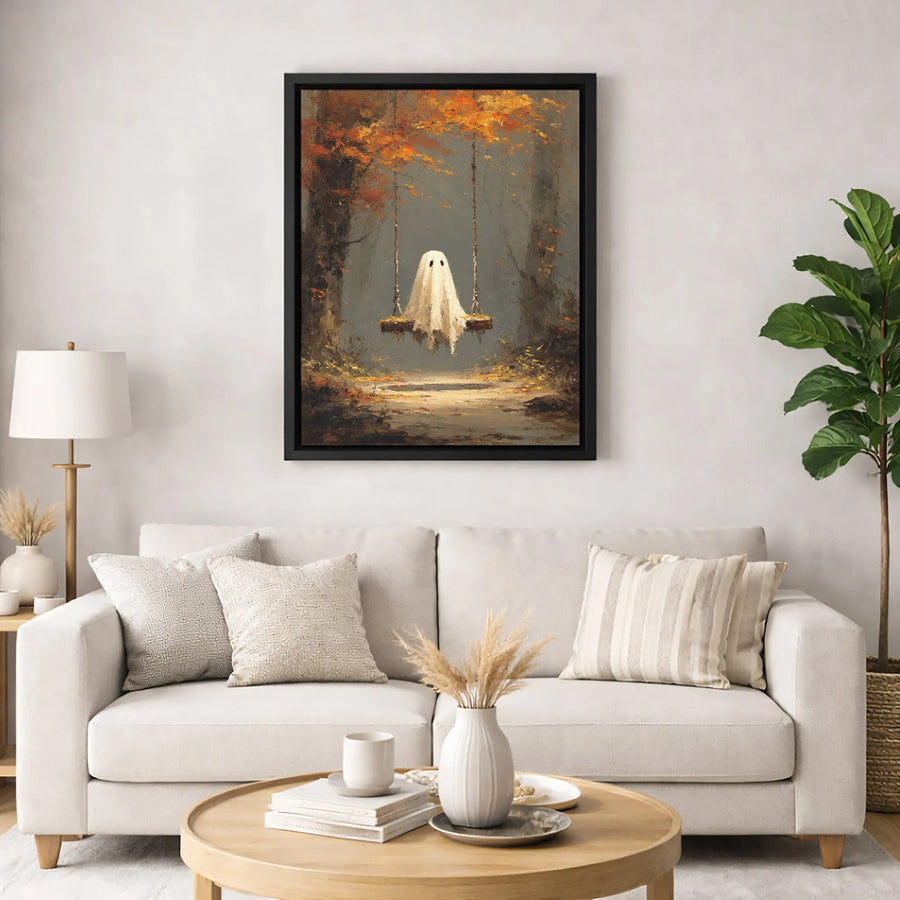 Ghost on a Swing Wall Art | Moody Autumn Forest Oil Painting Style | Premium 1.25" Gallery Wrapped Canvas | Spooky Halloween Home Decor Gift