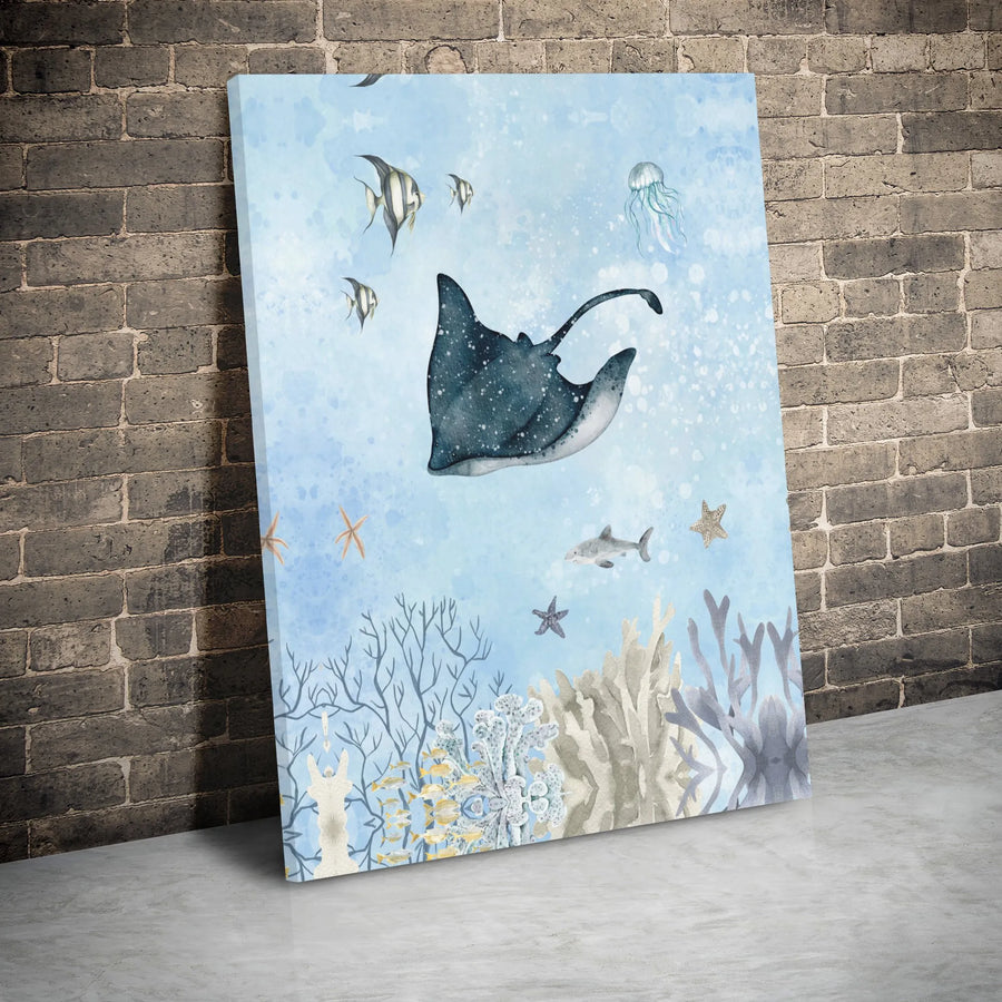 Watercolor Ocean Wall Art | Stingray And Coral Reef Print | Premium Gallery Wrapped Canvas | Coastal Home Decor For Beach Lovers