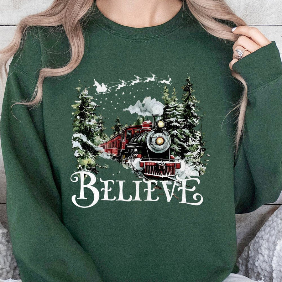 Believe Christmas Train Sweatshirt | Vintage Holiday Graphic Pullover | Premium Cotton-Poly Blend | Festive Seasonal Gift for Christmas Movie Fans