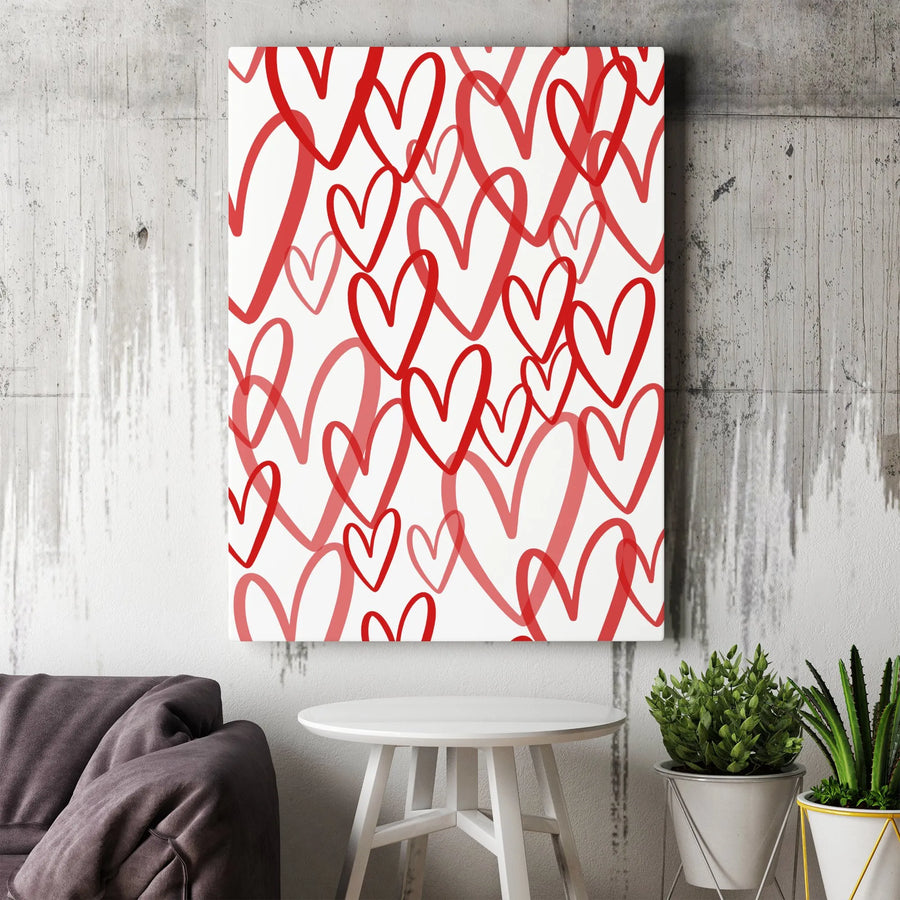 Red Hearts Wall Art Canvas | Hand-Drawn Scribble Pattern | Premium Gallery-Wrapped Print | Romantic Valentine’s Day Decor Gift for Her