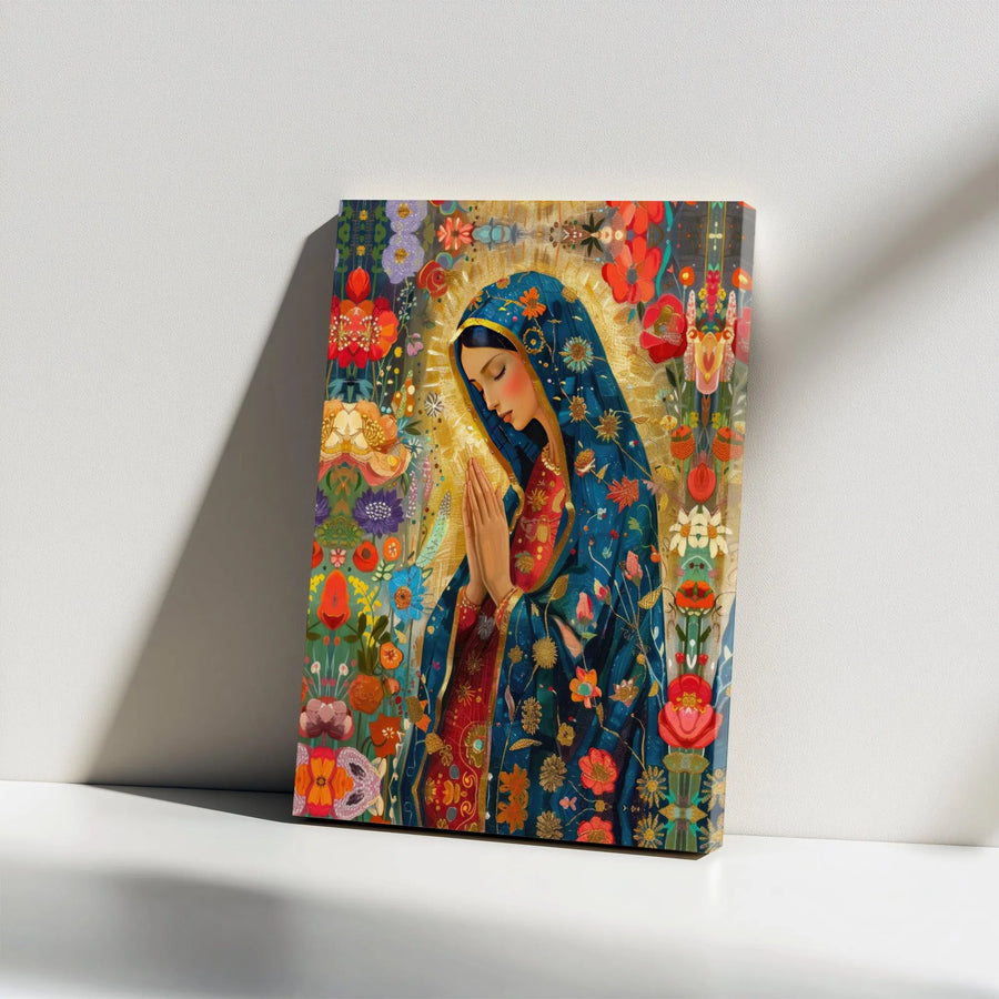 Virgin Mary Canvas Wall Art | Colorful Folk Art Floral Print | 1.25 Inch Gallery Wrap | Religious Home Decor Gift