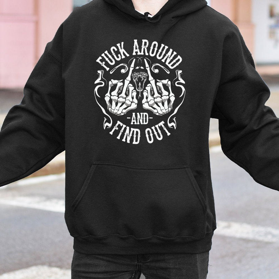 Fuck Around And Find Out Hoodie | Skeleton Middle Finger Snake Graphic | Premium Cotton Blend | Sarcastic Gift for Gen X Adults