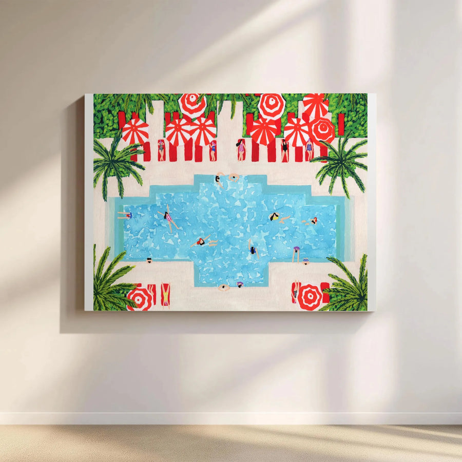 Miami Poolside Canvas Wall Art | Vintage Aerial View Pool Scene | Premium Canvas Print | Collector's Beach House Decor