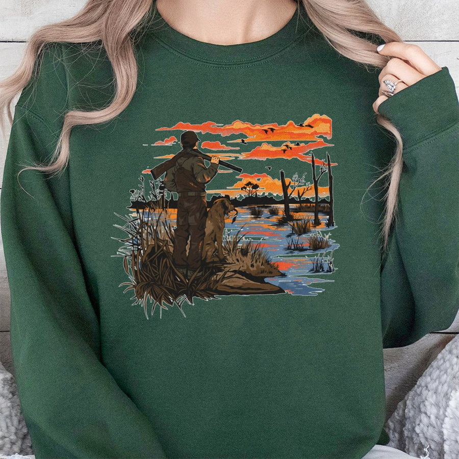 Duck Hunting Sweatshirt | Sunset Marsh Hunter and Retriever Dog Graphic | Premium Cotton Blend | Gift for Waterfowl Hunters