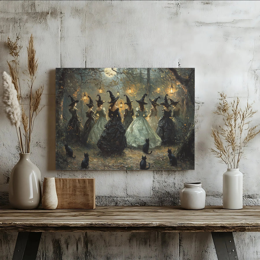 Witch Coven Wall Art | Moonlit Forest Black Cat Canvas | Premium Gothic Home Decor | Spooky Halloween Gift for Her
