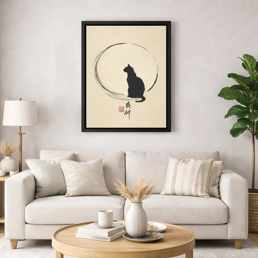 Japanese Zen Cat Wall Art | Minimalist Enso Circle Silhouette Print | Premium Gallery Wrapped Canvas | Elegant Home Decor Gift for Cat Lovers