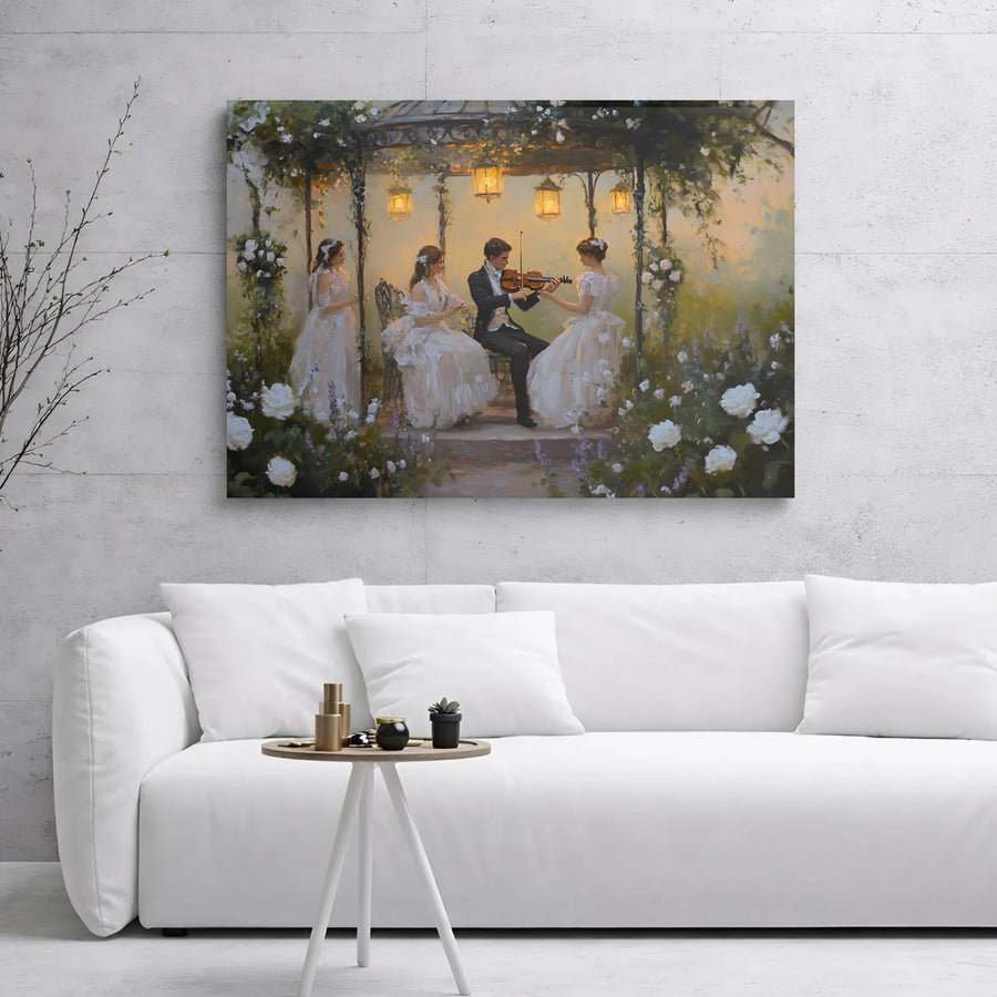 Romantic Garden Violin Canvas Wall Art | Impressionist Musical Couple Print | Premium Gallery Wrap Decor | Elegant Home Gift for Music Lovers