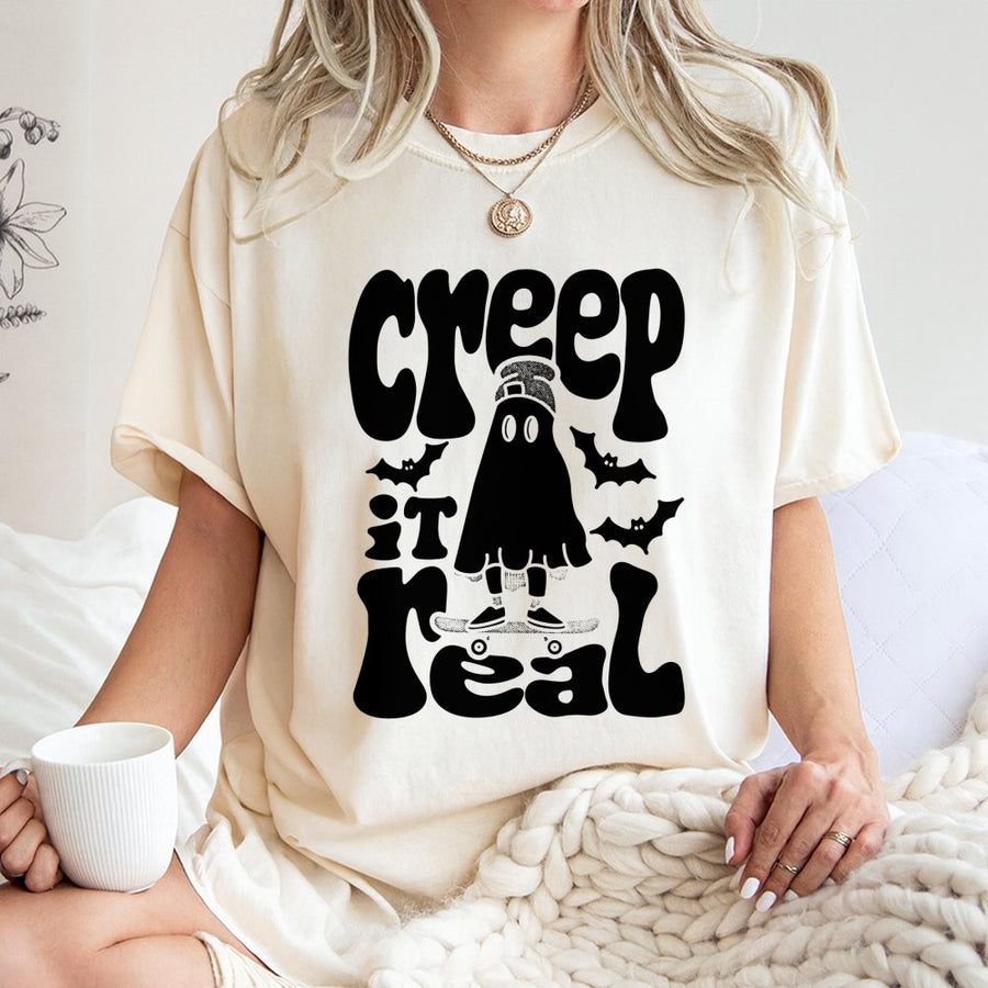 Creep It Real Ghost T-Shirt | Funny Skateboarder Halloween Graphic | 100% Premium Cotton | Spooky Retro Gift for Skaters and Horror Fans