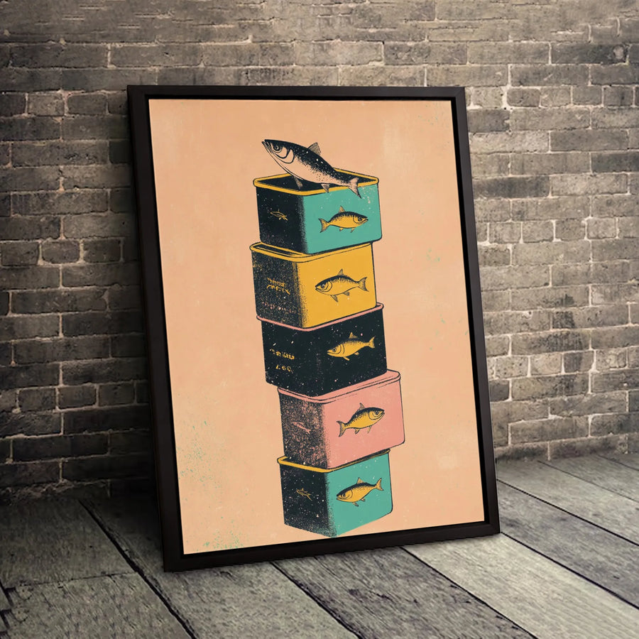 Stacked Sardine Tins Wall Art | Retro Coastal Kitchen Print | Premium Gallery Wrapped Canvas | Whimsical Foodie Home Decor Gift