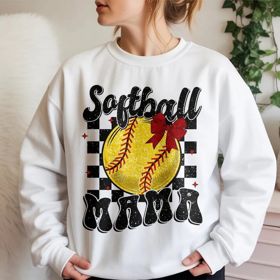 Softball Mama Sweatshirt | Retro Checkerboard Bow Graphic | Premium Cotton Blend Crewneck | Game Day Apparel Gift for Softball Mom