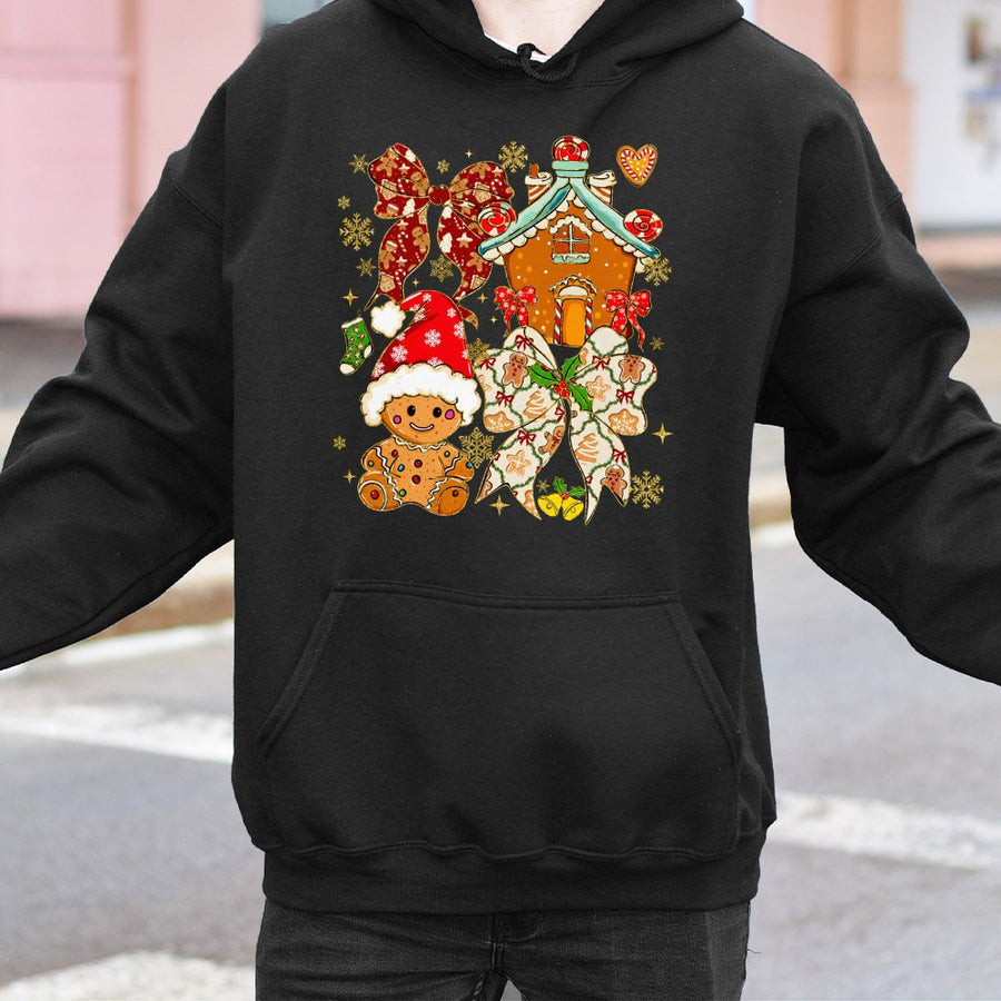 Gingerbread Man Christmas Hoodie | Festive Holiday House & Bow Graphic | Soft Cotton Blend Unisex Sweatshirt | Cute Winter Holiday Gift for Her