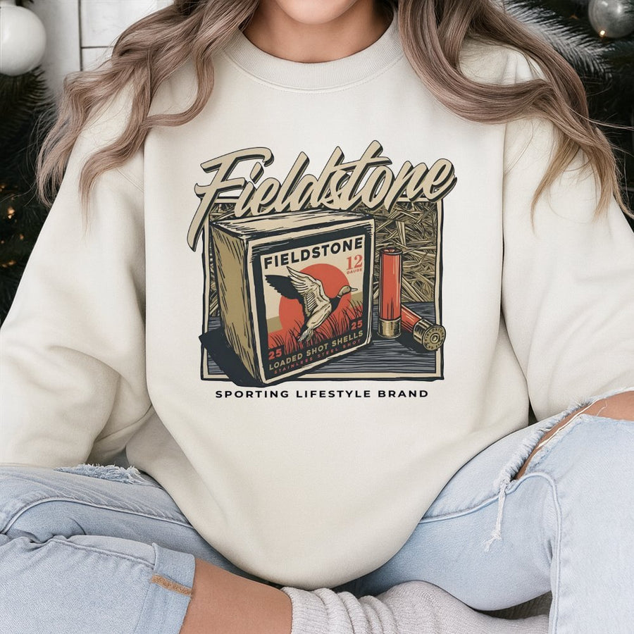 Fieldstone Hunting Sweatshirt | Vintage Ammo Box Graphic | Premium Cotton Blend | Gift for Outdoorsmen and Duck Hunters