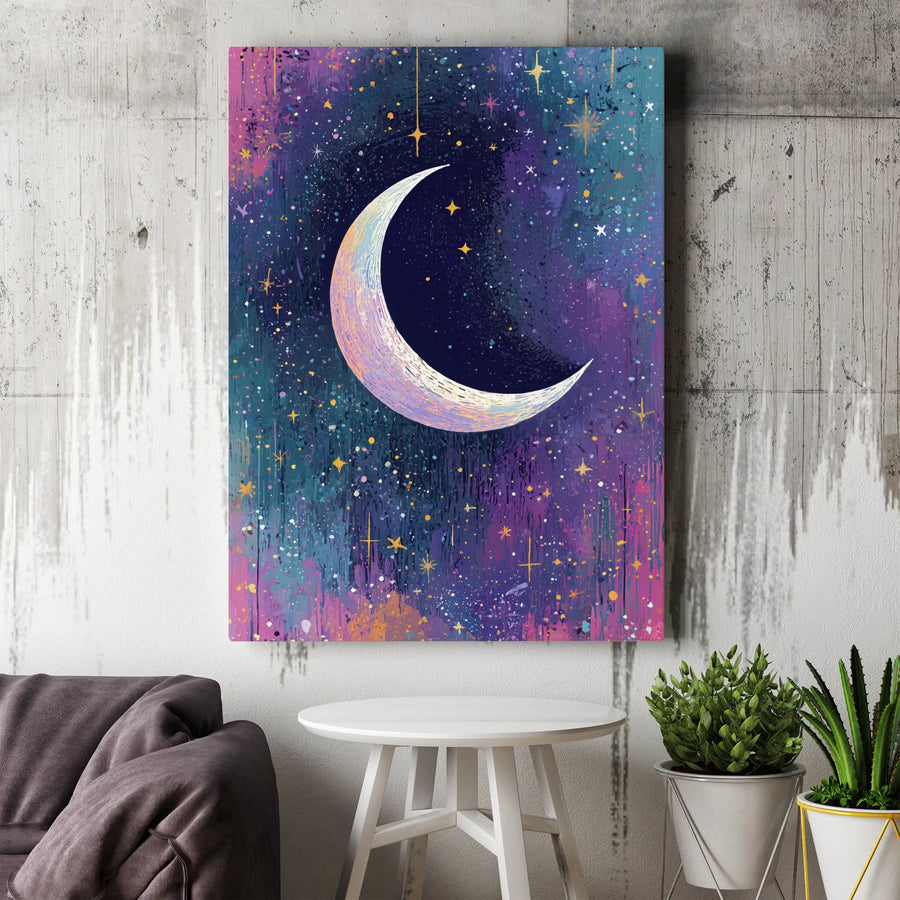 Crescent Moon Wall Art Canvas | Starry Night Sky Abstract Print | Gallery Quality 1.25 Inch Profile | Celestial Home Decor Gift