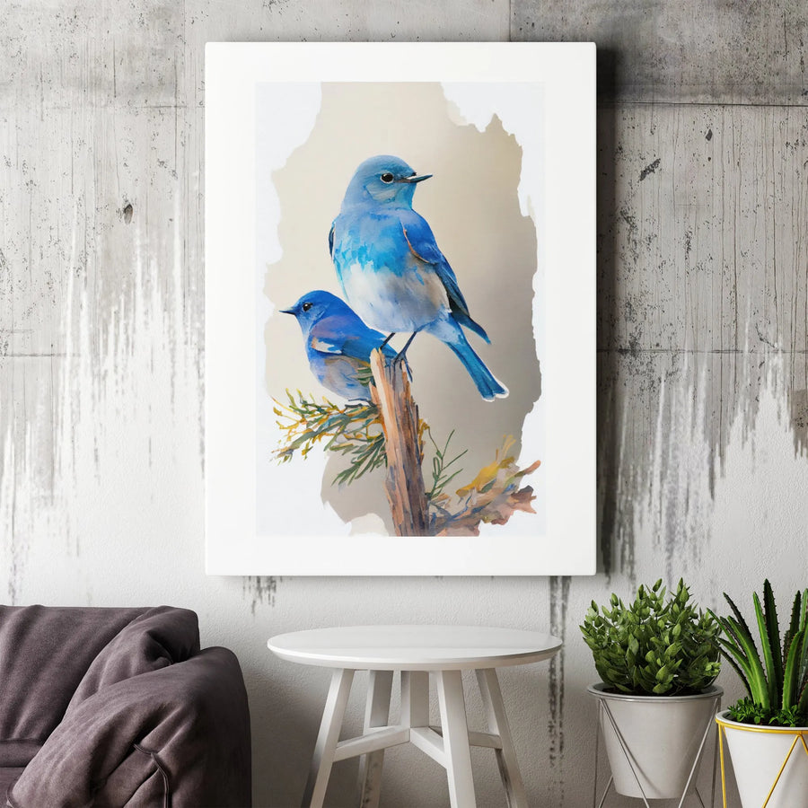 Bluebird Watercolor Wall Art | Serene Pair Perched on Branch | Premium Gallery-Wrapped Canvas Print | Nature Inspired Home Decor Gift