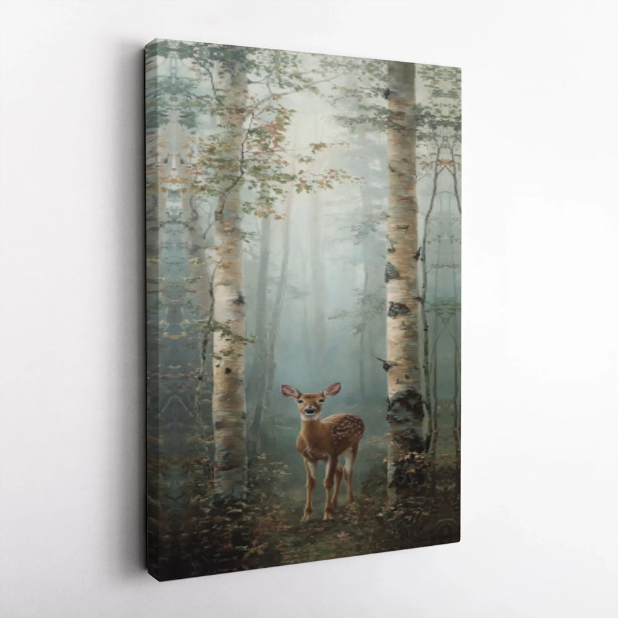 Woodland Fawn Canvas Wall Art | Misty Birch Tree Forest Painting | Premium High-Resolution Print | Rustic Cabin Decor Gift for Nature Lovers