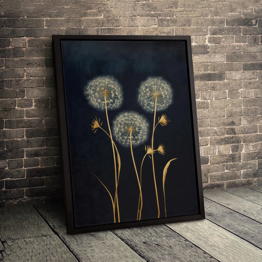Dandelion Botanical Canvas Wall Art | Golden Floral Print on Dark Navy | Gallery-Quality 1.25-inch Profile | Modern Living Room Decor Gift