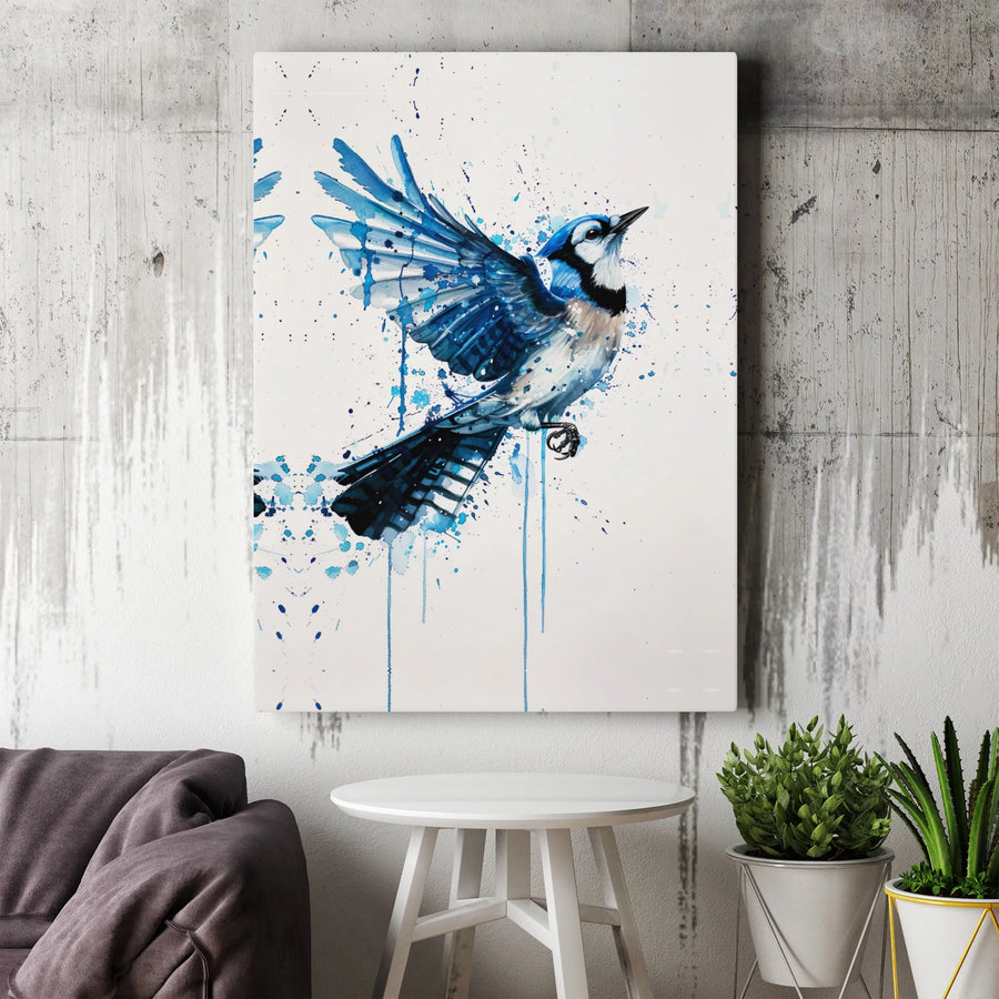 Blue Jay Wall Art Canvas | Watercolor Splash Bird Print | Premium 1.25-Inch Gallery Wrap | Nature Lover Home Office Decor Gift