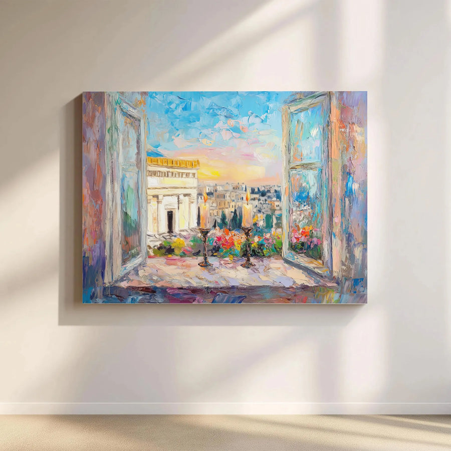 Jerusalem View Canvas Print | Impressionist Shabbat Candle Window Art | 1.25 Inch Gallery Wrap | Jewish Home Decor Gift