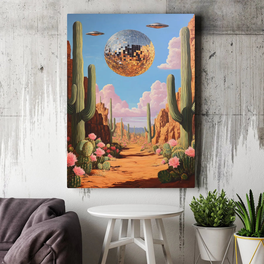 Desert Disco Ball Wall Art | Surreal UFO Cactus Landscape Print | Premium Gallery Canvas | Retro Sci-Fi Home Decor Gift