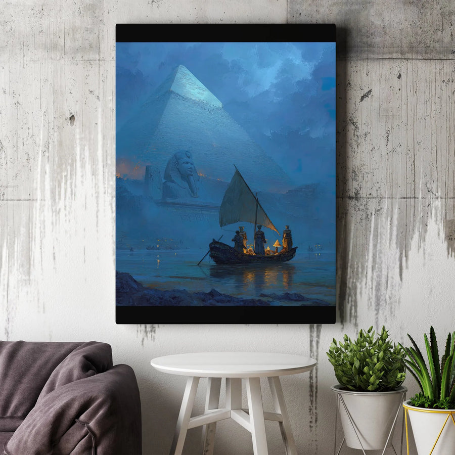 Ancient Egypt Canvas Wall Art | Sphinx and Pyramid Night Sailboat Landscape | Premium Gallery Wrapped Print | Historical Home Office Decor Gift
