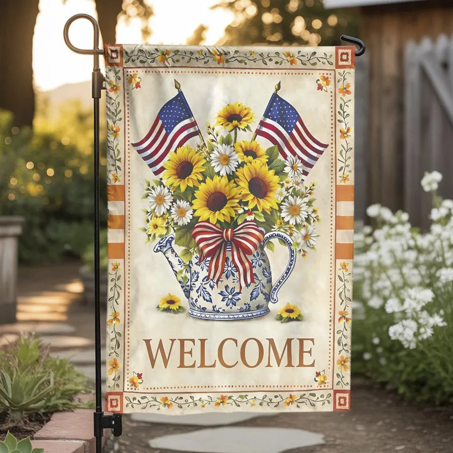 Patriotic Welcome Garden Flag | Sunflower Bouquet with American Flags | Double Sided Weather Resistant Fabric | Outdoor Yard and Porch Decor Gift