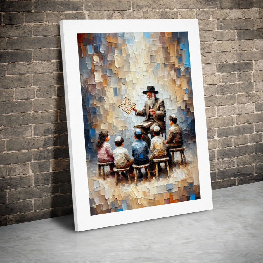 Passover Rabbi Teaching Children Canvas | Impressionist Matzah Painting | Premium 1.25-Inch Gallery Wrap | Jewish Home Decor and Religious Gift