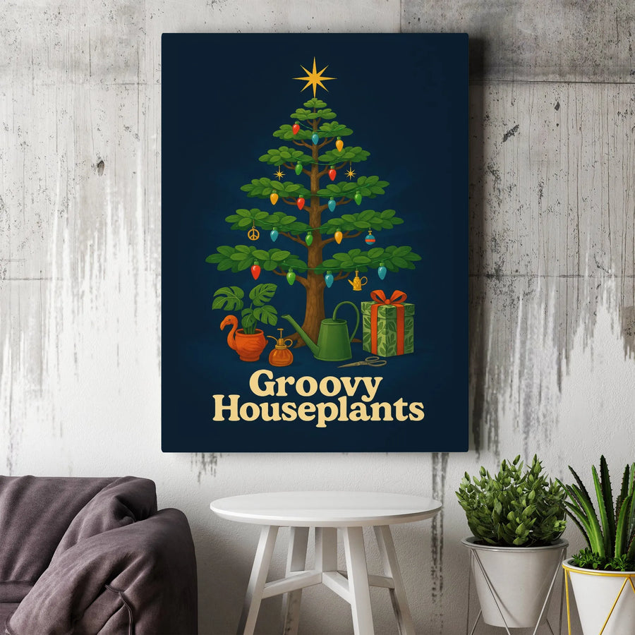 Groovy Houseplants Christmas Tree Canvas Art | Retro Plant Lover Holiday Wall Decor | Premium 1.25" Gallery Wrap | Unique Gardener Gift