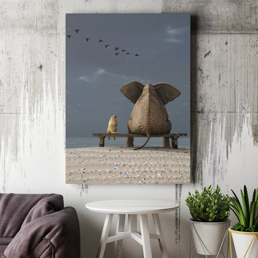 Elephant and Dog Beach Wall Art | Whimsical Animal Friendship Scene | Premium Gallery-Wrapped Canvas | Heartwarming Home Decor Gift