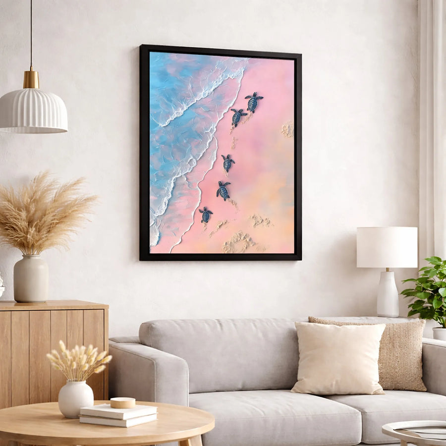 Baby Sea Turtle Wall Art | Pink Sand Beach Ocean Canvas Print | Premium Gallery Wrapped Decor | Coastal Nursery Gift for Ocean Lovers