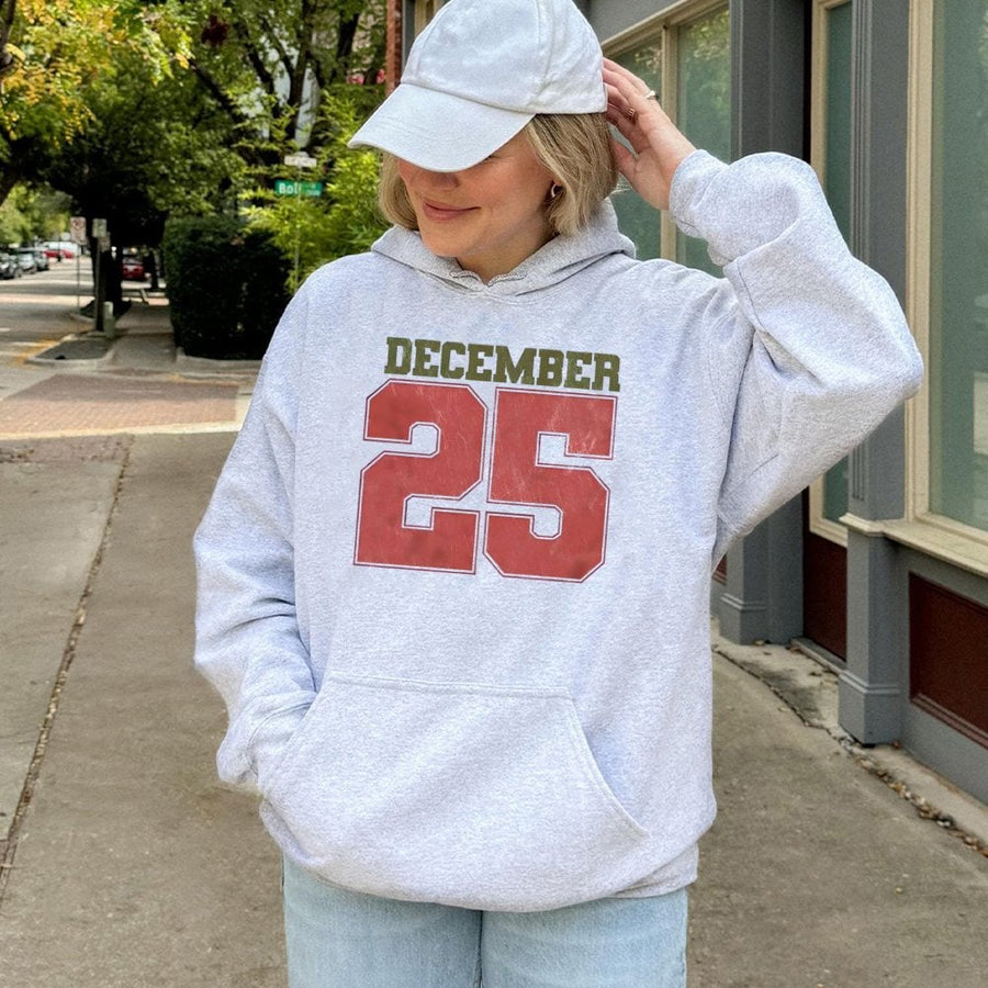 December 25 Christmas Hoodie | Retro Varsity Number Graphic | Premium Cotton Blend | Unisex Holiday Gift for Her and Him