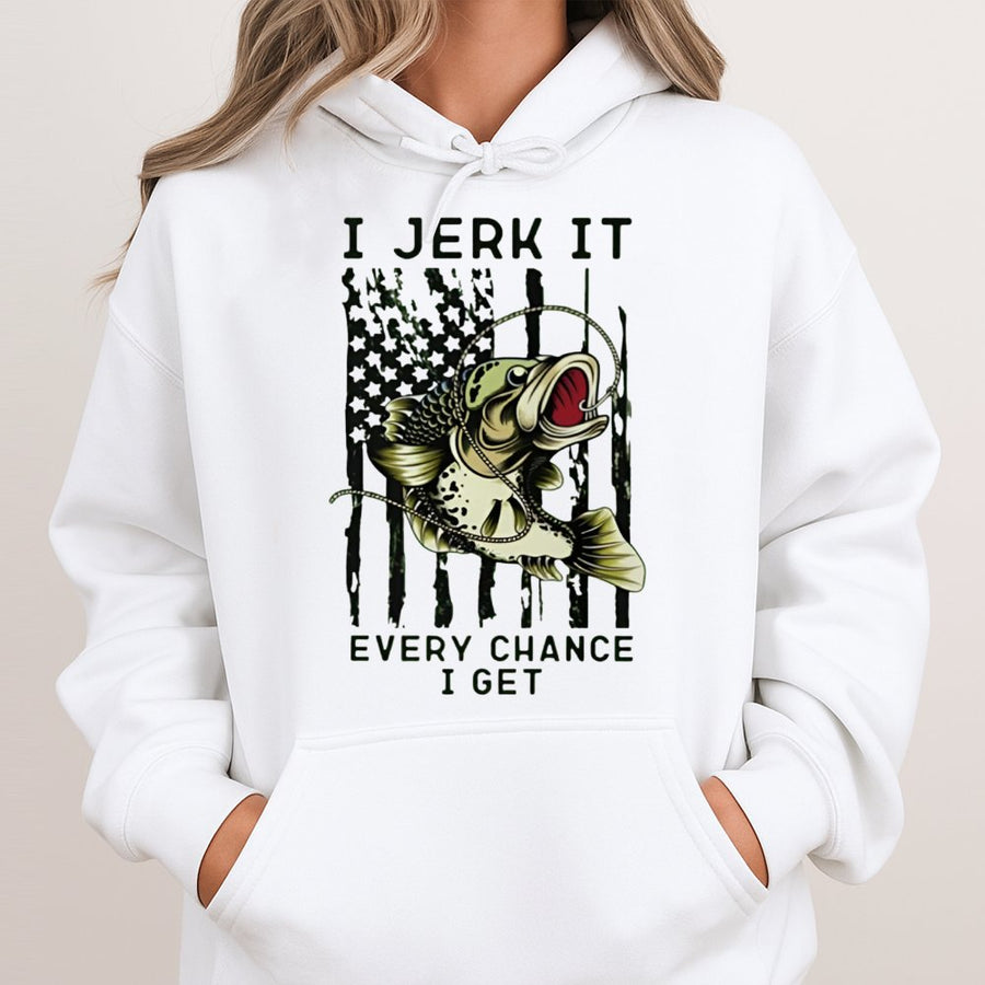 Fishing Hoodie | I Jerk It Every Chance I Get Bass Graphic | Premium Cotton Blend | Funny Gift for Fisherman or Outdoorsman