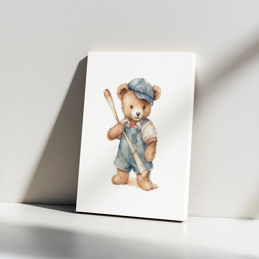Watercolor Baseball Teddy Bear Canvas Wall Art | Cute Nursery Sports Decor | Premium Gallery Wrap | Gift for Boys Room