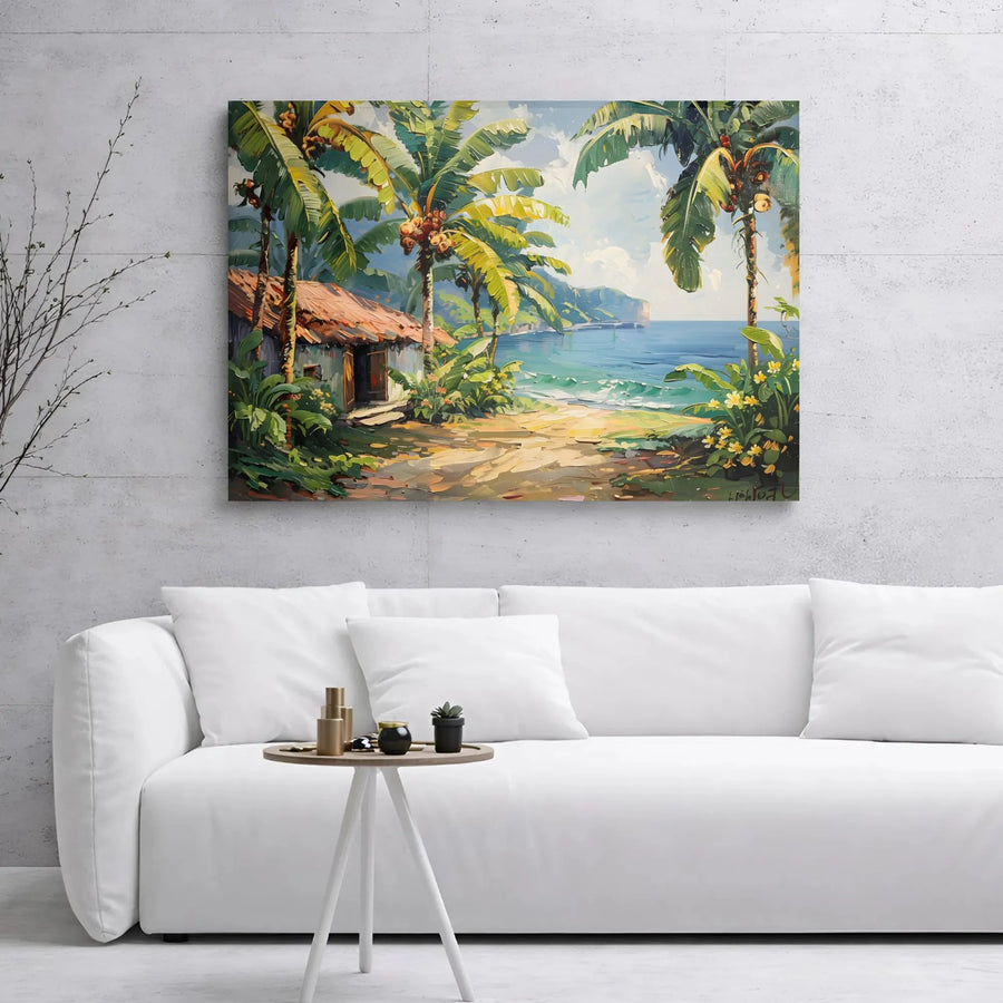 Tropical Beach Hut Canvas Print | Palm Tree Seascape Wall Art | Premium Gallery Wrap Decor | Coastal Home Office Gift