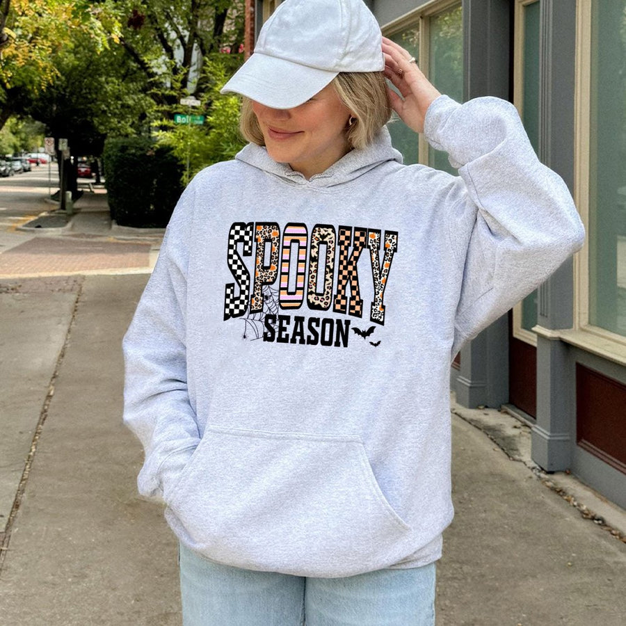 Spooky Season Hoodie | Retro Halloween Leopard Print Checkered Design | Premium Cotton Blend | Aesthetic Fall Apparel Gift for Women