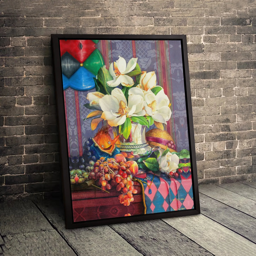 Whimsical Still Life Canvas | Magnolias and Grapes Art Print | Gallery Quality 1.25-inch Profile | Unique Home Decor Wall Art Gift