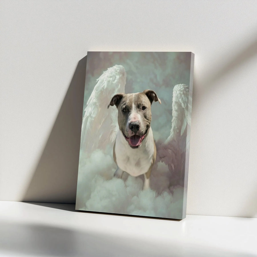 Pitbull Angel Canvas Wall Art | Dog with Angel Wings Portrait | Premium Frameless Canvas | Pet Loss Sympathy Gift for Dog Owner