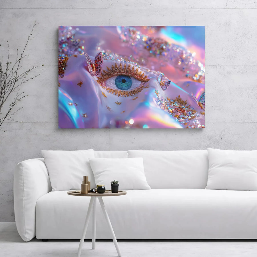 Surreal Blue Eye Canvas Wall Art | Iridescent Butterfly and Crystal Detail | Premium Gallery Wrapped Decor | Whimsical Aesthetic Home Decor