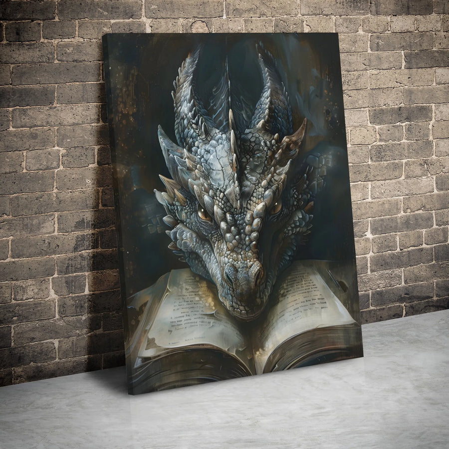 Dragon Wall Art | Fantasy Creature Reading Ancient Book | Gallery Wrapped Canvas Print | Unique Library Decor Gift For Readers