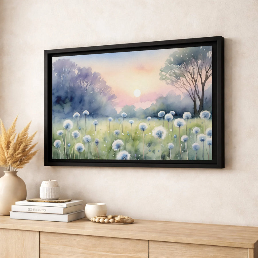 Dandelion Field Canvas Wall Art | Watercolor Sunset Meadow Landscape | Premium Fade-Resistant Print | Elegant Nature Home Decor Gift