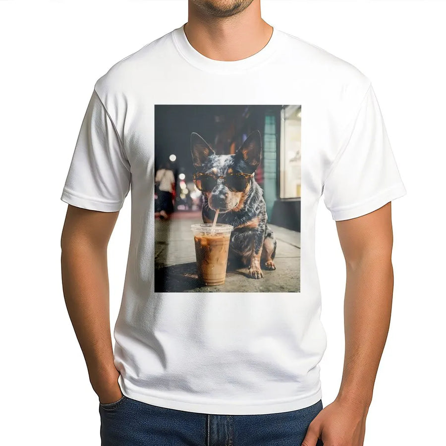 Blue Heeler T-Shirt | Cool Dog Wearing Sunglasses Drinking Iced Coffee | Soft Cotton Blend | Unisex Gift for Dog Lovers