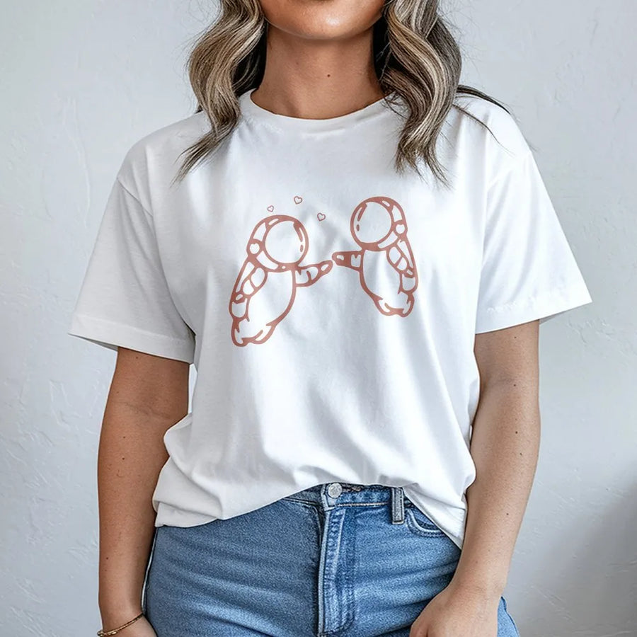 Astronaut Couple T-Shirt | Minimalist Space Lovers Graphic | Premium Cotton Unisex Tee | Cute Anniversary Gift for Him and Her